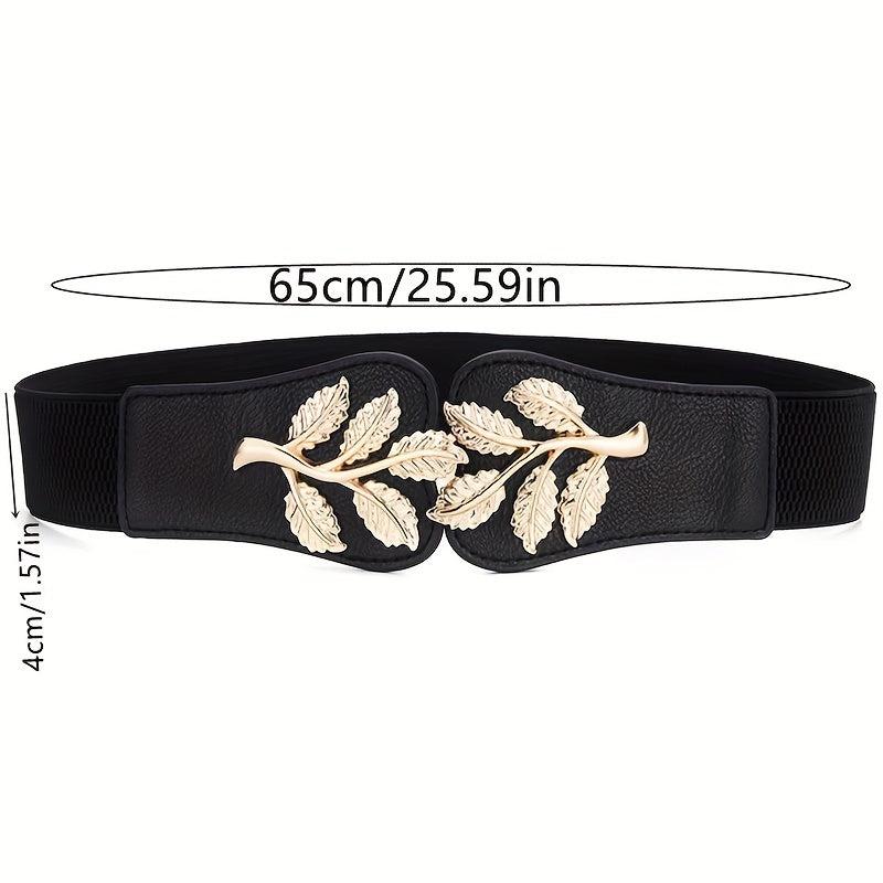 Double Golden Leaf Buckle Wide Belts - Solid Elastic Waistband for Women