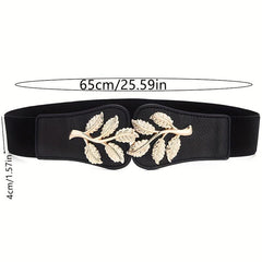 Double Golden Leaf Buckle Wide Belts - Solid Elastic Waistband for Women