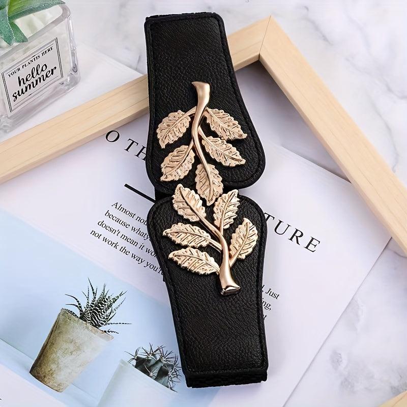 Double Golden Leaf Buckle Wide Belts - Solid Elastic Waistband for Women