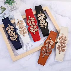 Double Golden Leaf Buckle Wide Belts - Solid Elastic Waistband for Women