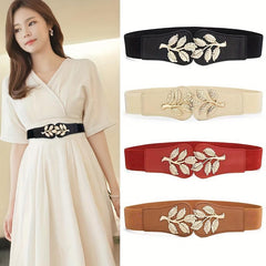 Double Golden Leaf Buckle Wide Belts - Solid Elastic Waistband for Women