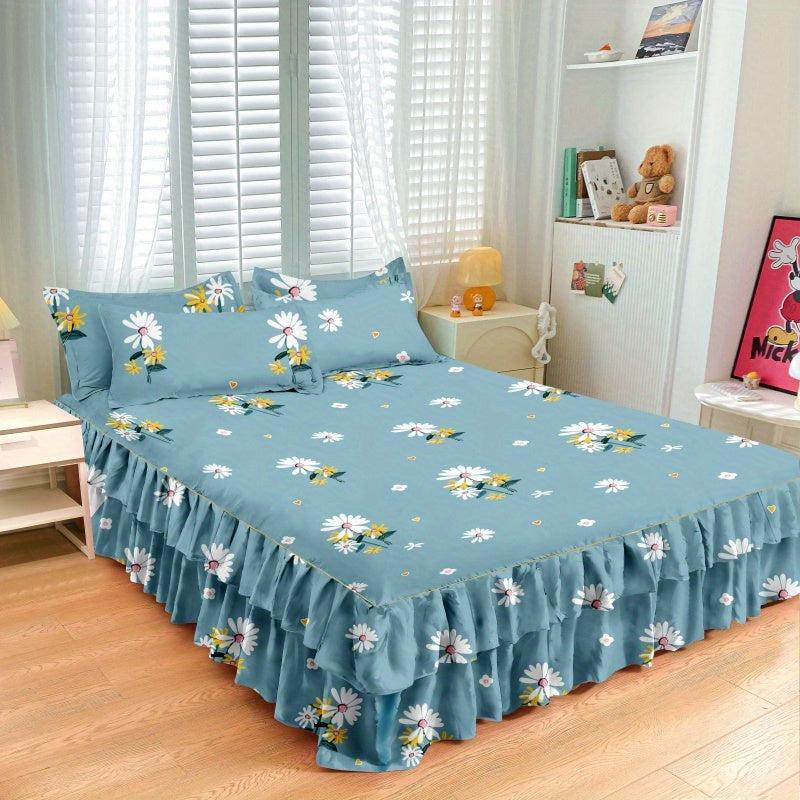 Aloe Cotton Bed Skirt Elastic Flower Print Bedroom Living Room Decor