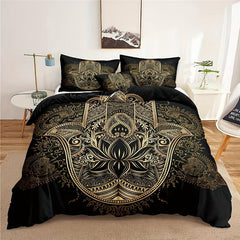Boho Hippie Hamsa Hand Duvet Cover Set Golden Hand Of Fatima Printed Bedding