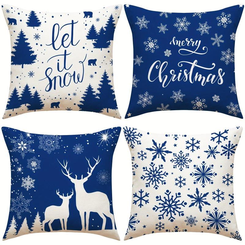 Christmas Snowflake Elk Throw Pillow Cover Linen Blend Home Sofa Cushion