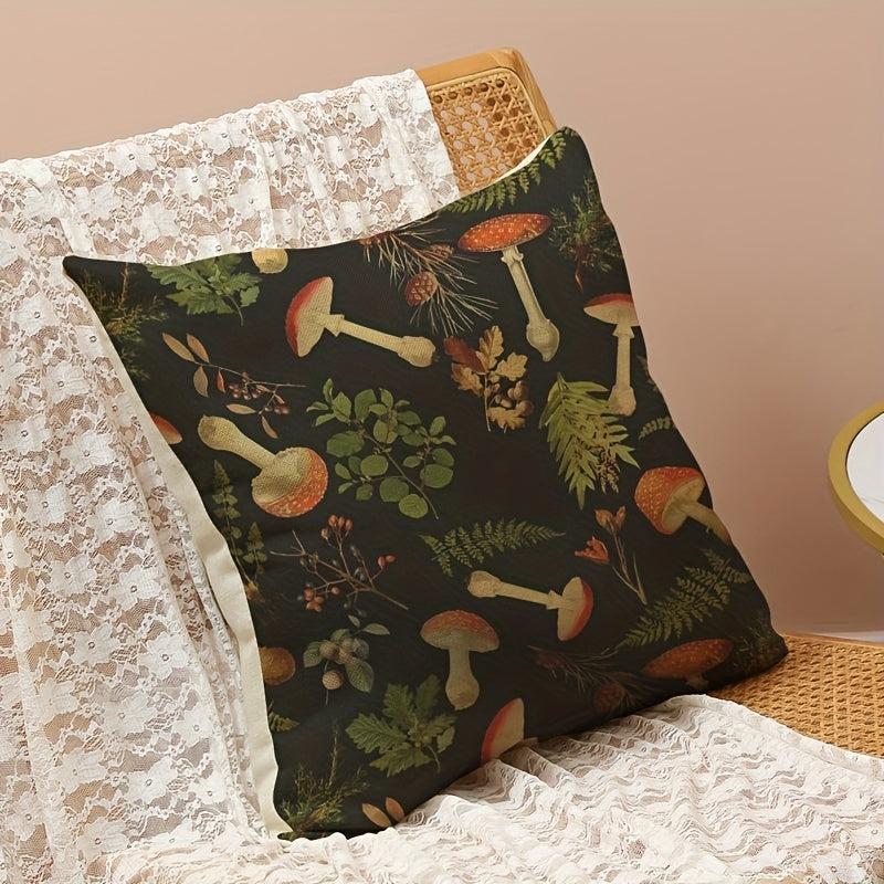 Scattered Leaf Mushroom Linen Printed Pillowcase for Home Decoration