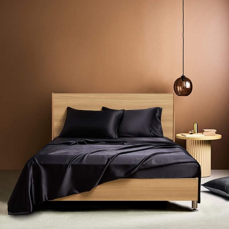 4pcs Plain Satin Sheet Set - Fitted & Flat Sheet, 2 Pillowcases