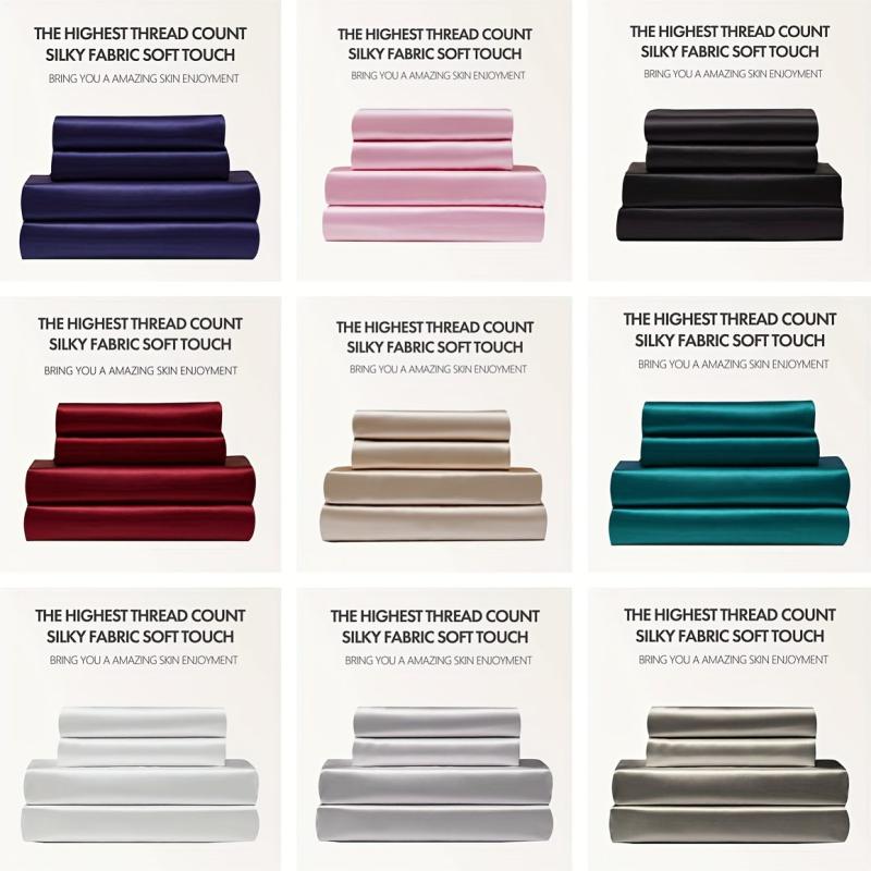 4pcs Plain Satin Sheet Set - Fitted & Flat Sheet, 2 Pillowcases