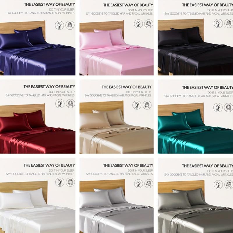 4pcs Plain Satin Sheet Set - Fitted & Flat Sheet, 2 Pillowcases