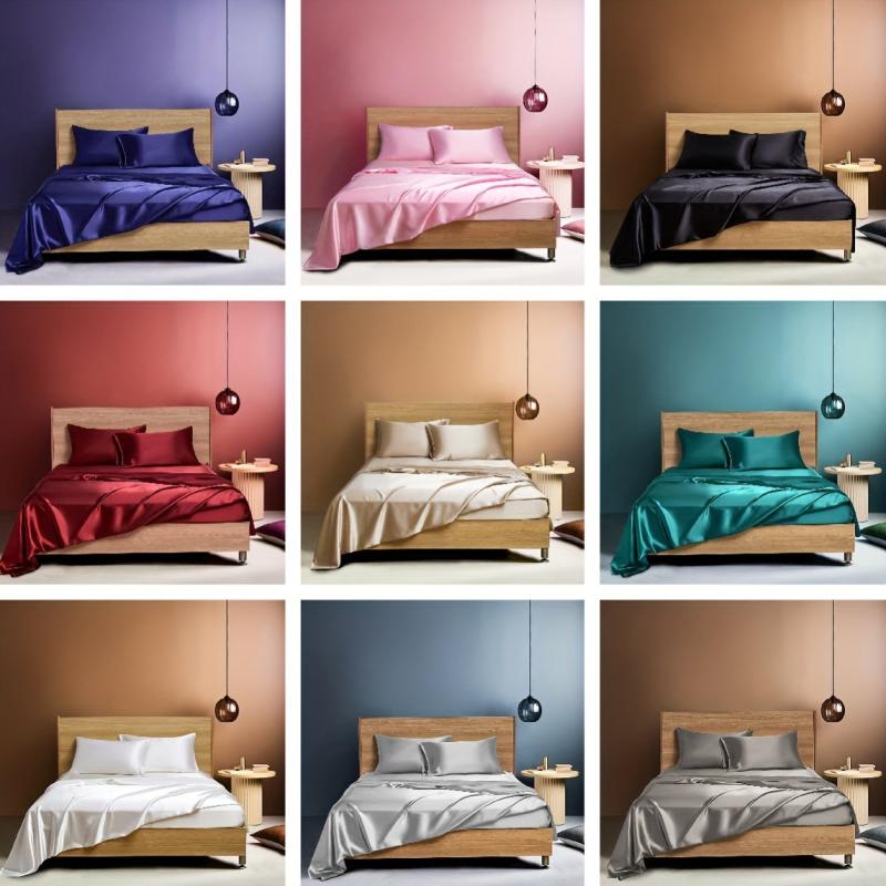 4pcs Plain Satin Sheet Set - Fitted & Flat Sheet, 2 Pillowcases
