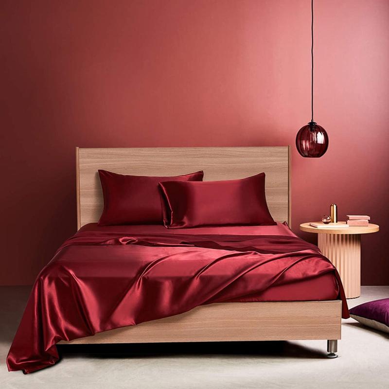 4pcs Plain Satin Sheet Set - Fitted & Flat Sheet, 2 Pillowcases