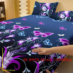 3pcs Butterfly Floral Fitted Sheet Set Soft Comfortable Bedding Set