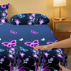 3pcs Butterfly Floral Fitted Sheet Set Soft Comfortable Bedding Set
