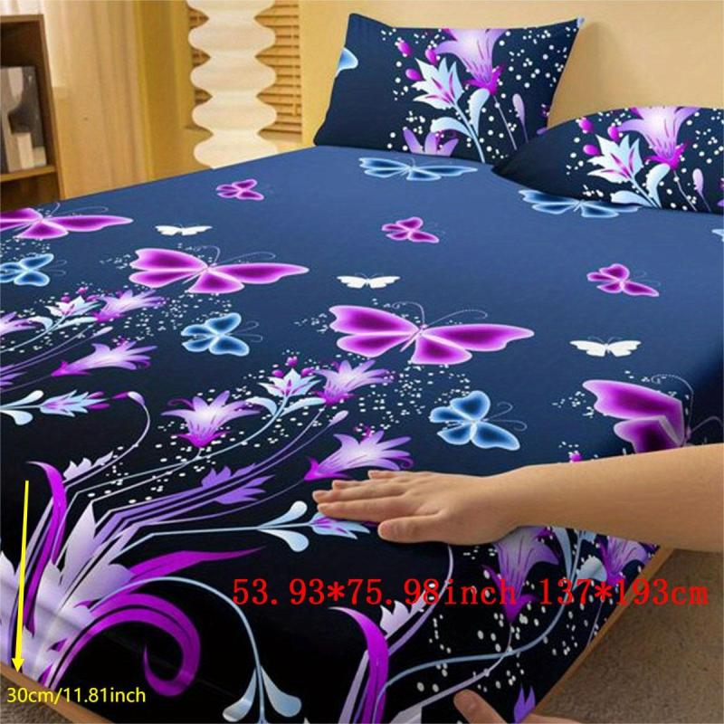 3pcs Butterfly Floral Fitted Sheet Set Soft Comfortable Bedding Set