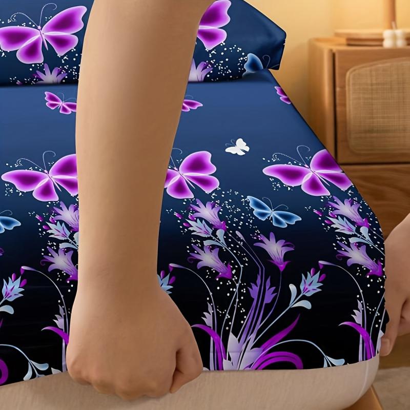 3pcs Butterfly Floral Fitted Sheet Set Soft Comfortable Bedding Set