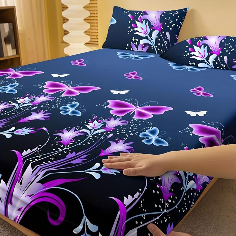 3pcs Butterfly Floral Fitted Sheet Set Soft Comfortable Bedding Set