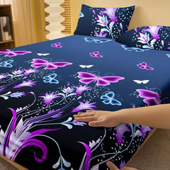 3pcs Butterfly Floral Fitted Sheet Set Soft Comfortable Bedding Set