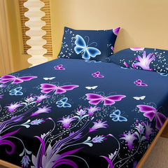 3pcs Butterfly Floral Fitted Sheet Set Soft Comfortable Bedding Set