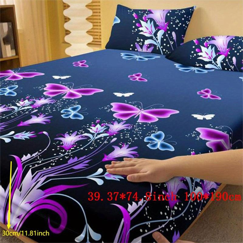 3pcs Butterfly Floral Fitted Sheet Set Soft Comfortable Bedding Set