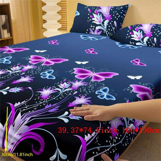 3pcs Butterfly Floral Fitted Sheet Set Soft Comfortable Bedding Set
