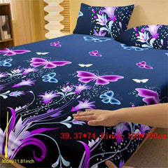 3pcs Butterfly Floral Fitted Sheet Set Soft Comfortable Bedding Set