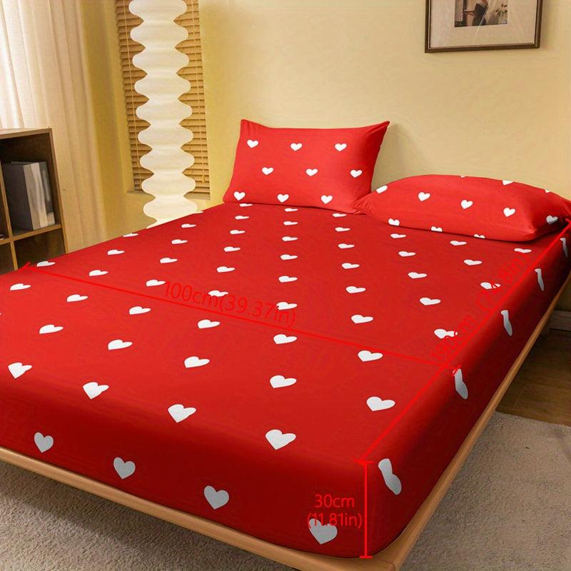 Red Heart Pattern Printed Fitted Sheet Soft Comfortable Breathable