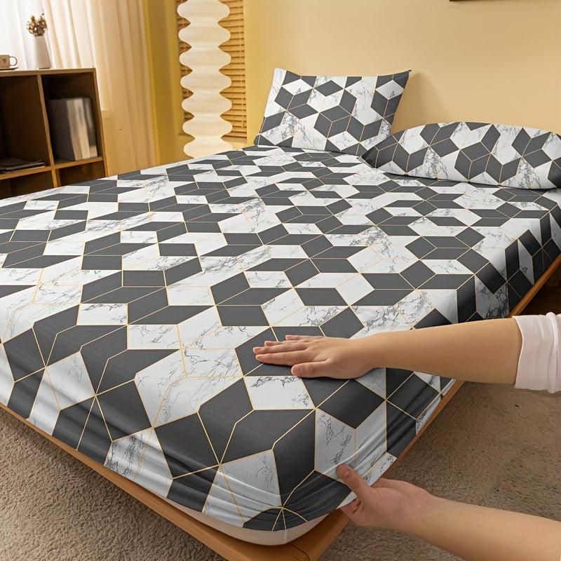 Geometric Pattern Brushed Fitted Sheet for Bedroom Guest Room