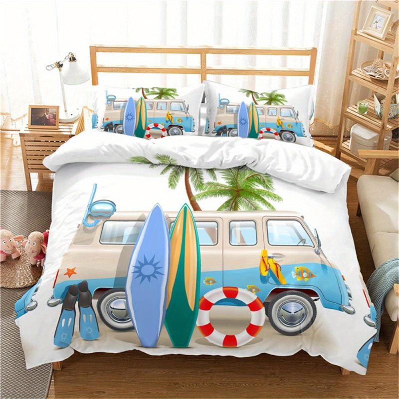 Bus Surfboard Palm Tree Camping Duvet Cover Set