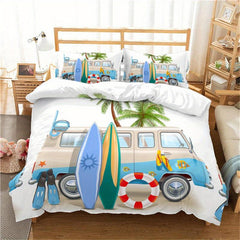 Bus Surfboard Palm Tree Camping Duvet Cover Set