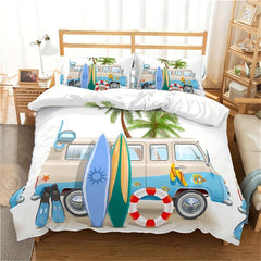 Bus Surfboard Palm Tree Camping Duvet Cover Set