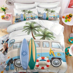 Bus Surfboard Palm Tree Camping Duvet Cover Set