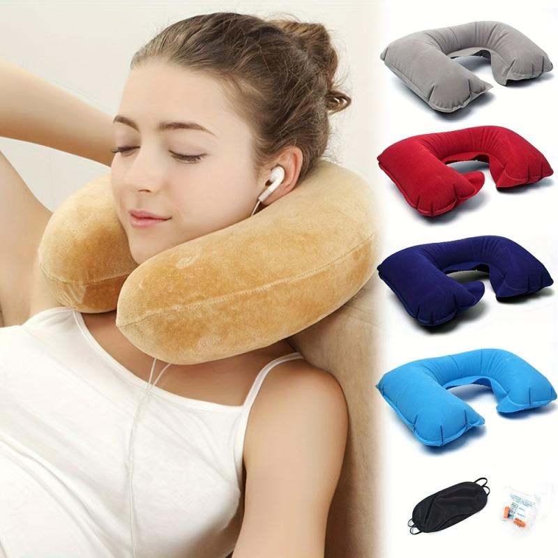 U-shaped Inflatable Travel Pillow Short Plush Cover PVC Support Soft Neck Pillow