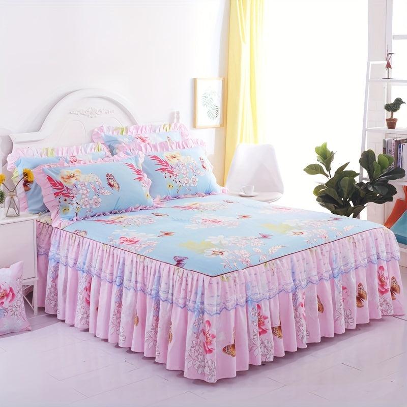 3pcs Lace Macrame Bed Skirt Set with Flower Print