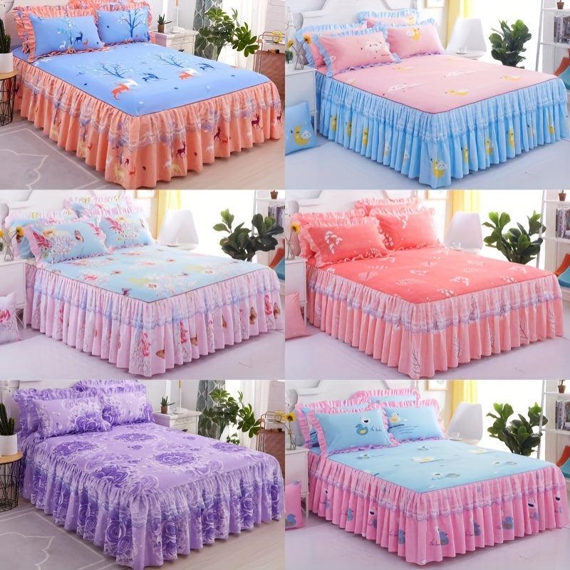 3pcs Lace Macrame Bed Skirt Set with Flower Print