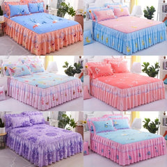 3pcs Lace Macrame Bed Skirt Set with Flower Print