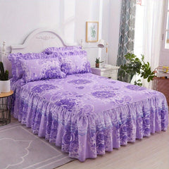 3pcs Lace Macrame Bed Skirt Set with Flower Print