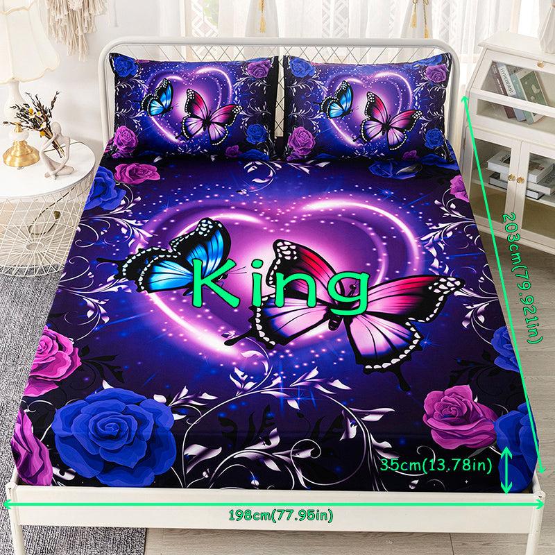 3pcs Purple Butterfly Floral Fitted Sheet Set
