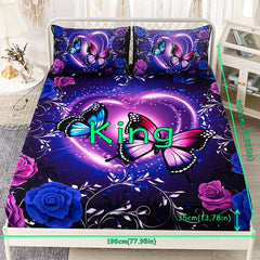 3pcs Purple Butterfly Floral Fitted Sheet Set