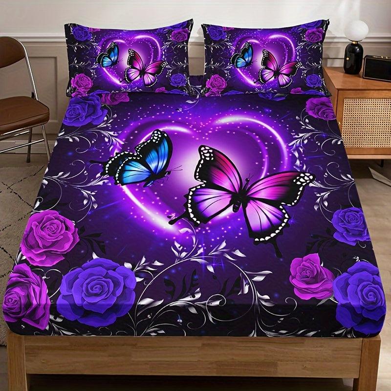 3pcs Purple Butterfly Floral Fitted Sheet Set