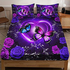 3pcs Purple Butterfly Floral Fitted Sheet Set