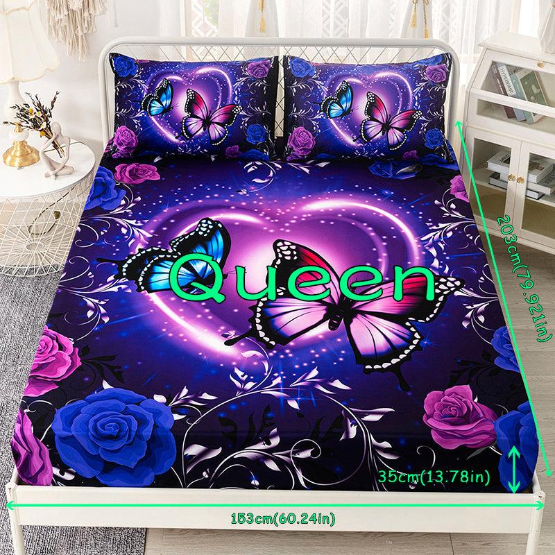 3pcs Purple Butterfly Floral Fitted Sheet Set