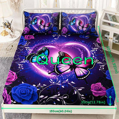 3pcs Purple Butterfly Floral Fitted Sheet Set