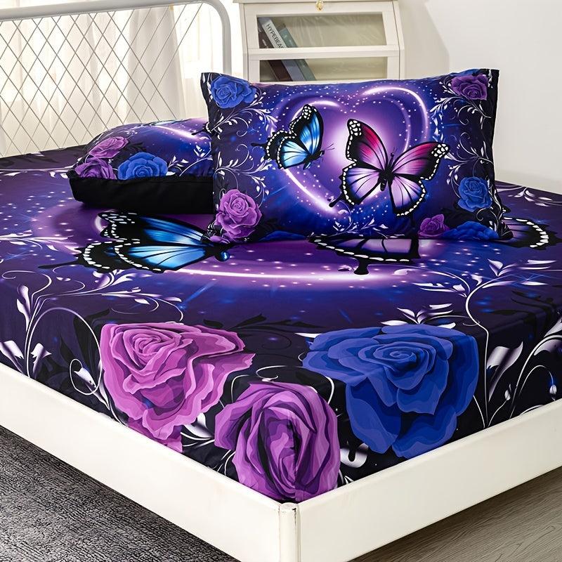 3pcs Purple Butterfly Floral Fitted Sheet Set