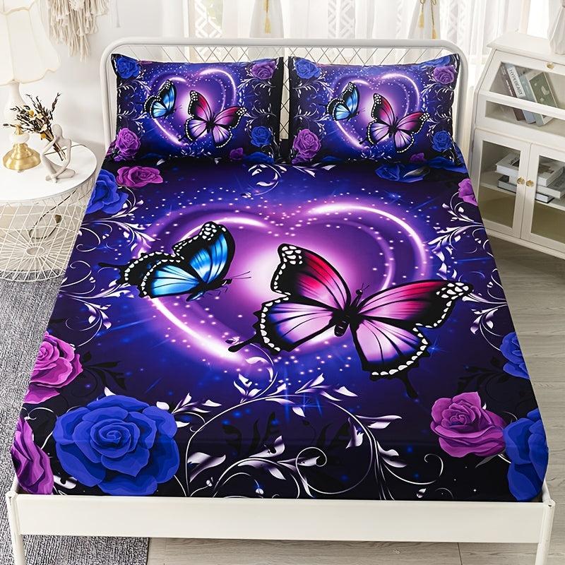 3pcs Purple Butterfly Floral Fitted Sheet Set