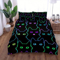 3pcs Halloween Theme Duvet Cover Set Colorful Cat Print Bedding Set