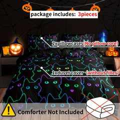 3pcs Halloween Theme Duvet Cover Set Colorful Cat Print Bedding Set