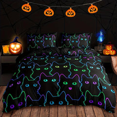 3pcs Halloween Theme Duvet Cover Set Colorful Cat Print Bedding Set