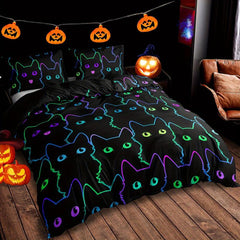 3pcs Halloween Theme Duvet Cover Set Colorful Cat Print Bedding Set
