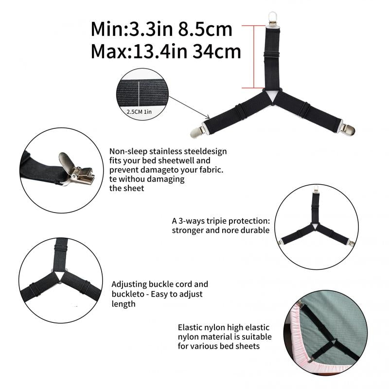 4pcs Triangle Bed Sheet Clip Anti-slip Fastener Mattress Elastic Rope