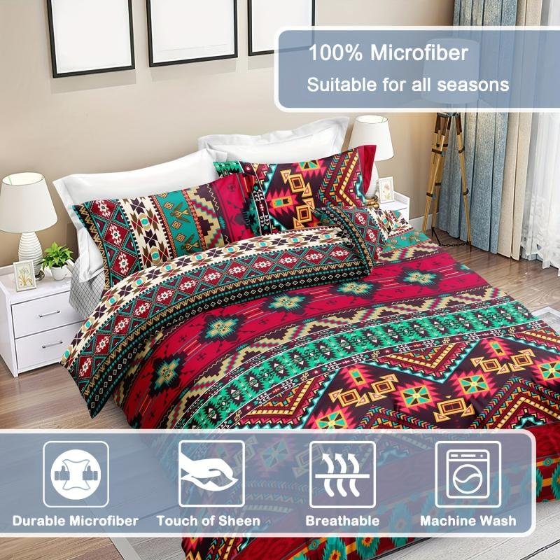 Boho Bedding Set Geometric Ethnic Red Duvet Cover 2 Pillowcases