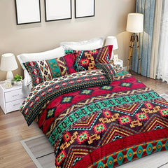 Boho Bedding Set Geometric Ethnic Red Duvet Cover 2 Pillowcases